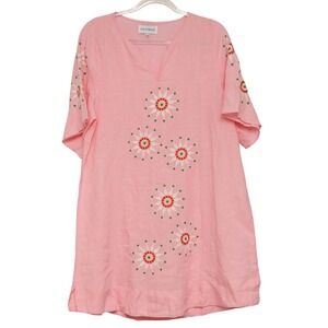 Pink 100% Linen Tunic Dress Size M Embroidered Retro 70s Print Geometric Flower